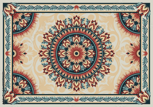 Vintage floral mandala damask pattern in red and teal with ornate details and decorative border, ideal for textile, wallpaper, and classic decor.