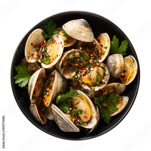 Steamed clams in black bowl with parsley and chili flakes overhead view isolated on white or transparent background.