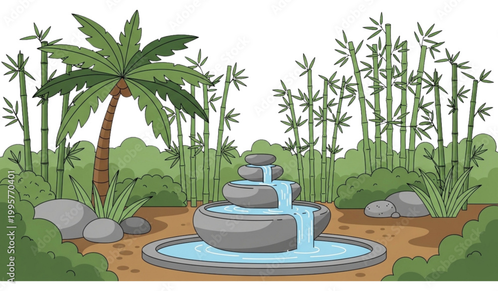 Obraz premium Tropical garden vector bamboo palm fountain zen landscape illustration