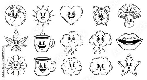 Smiling faces adorn various objects and symbols in a digital illustration