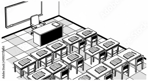 Empty Classroom with Desks and Whiteboard Ready for Learning.