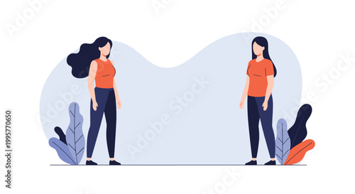 Two young women standing at a safe distance from each other to maintain social distancing during a health crisis.