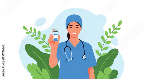 Professional female nurse in blue medical scrubs holding a vaccine vial for immunization and disease prevention.
