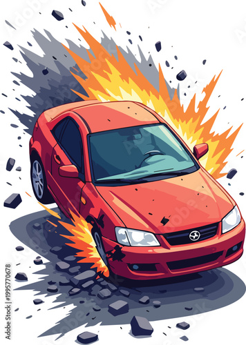 Car crash with fire accident scene – vector illustration