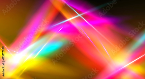 Red yellow cyan neon laser light beams - glowing crossing lines optical flare, vibrant intense energetic mood - background for modern concert poster - 3d render, abstract dark wallpaper.