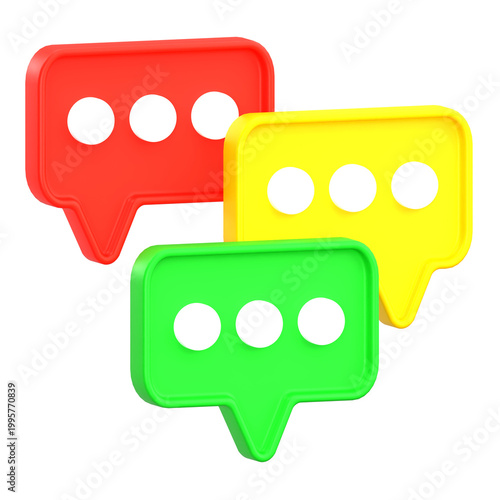 3D render of colorful red, yellow, and green speech bubbles representing chat communication