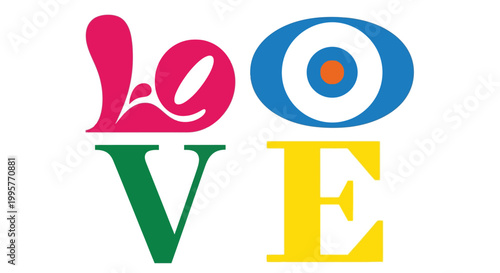 Vibrant colorful letters spelling love on white background create art