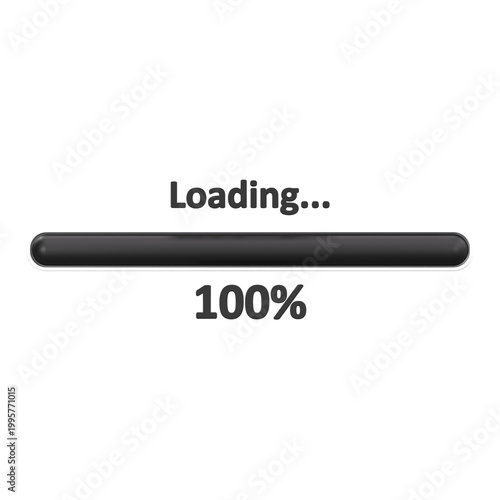 3D rendering of a completed dark loading bar showing 100 percent progress