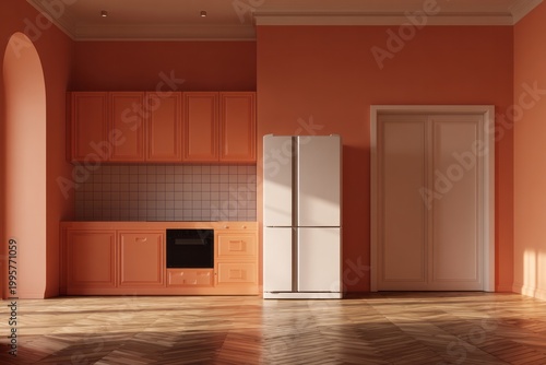 Minimalist peach kitchen with sunlight streaming across the floor.