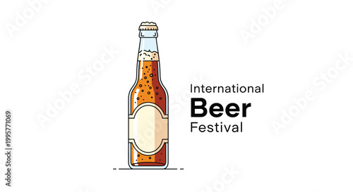 Single glass beer bottle with foam and bubbles for International Beer Festival promotional graphic design.