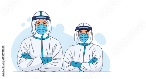 Two medical healthcare professionals wearing full protective hazmat suits and face masks with arms crossed.