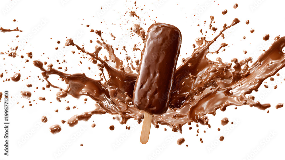 Fototapeta premium Chocolate-covered ice cream on a stick hanging in the air in chocolate splashes from an explosion, isolated on a white background