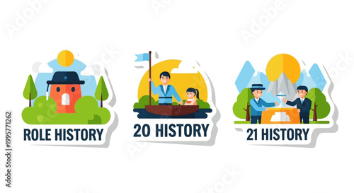 Colorful History Stickers Depicting Role, 20, and 21 History Concepts.