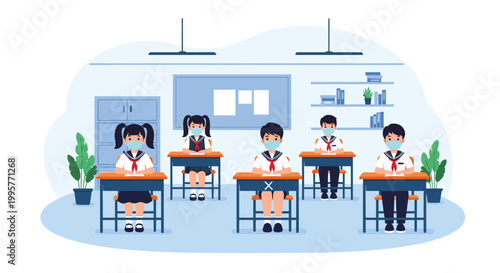 Group of school children sitting at their desks and wearing face masks in a classroom to maintain health safety.
