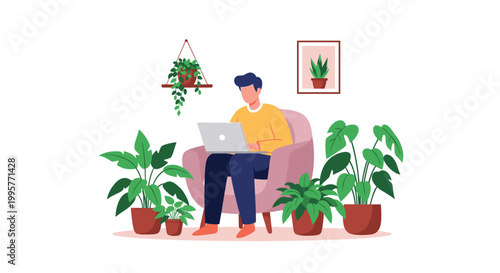 Young man sitting in an armchair and working on his laptop in a room filled with green houseplants.