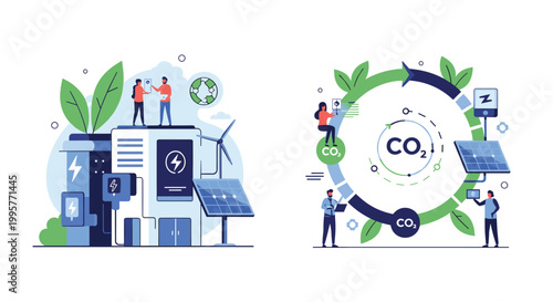 Infographic scenes showing green energy production with solar panels and wind turbines alongside a circular CO2 carbon cycle process.
