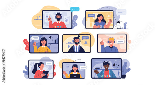 Large diverse group of people participating in a virtual meeting or online conference with various screen tiles.