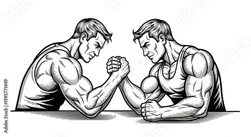 Two Muscular Men Arm Wrestling, Intense Competition, Strength Battle