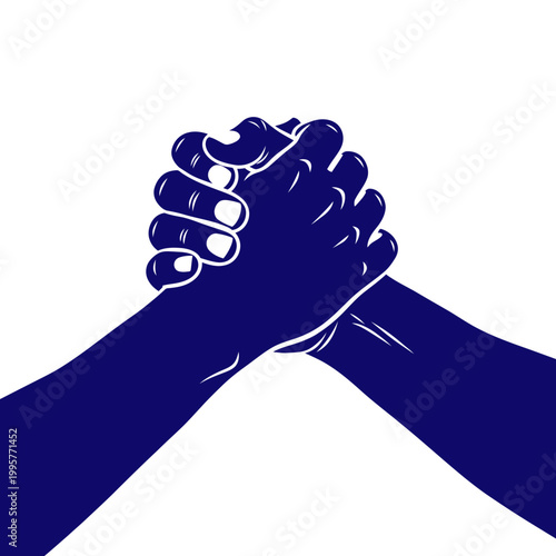 Unity and Partnership: Two Blue Hands Gripping Firmly in a White Background