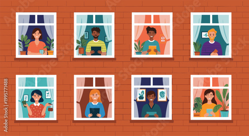 Residents of a brick apartment building visible through their windows during a stay at home period while participating in indoor activities.