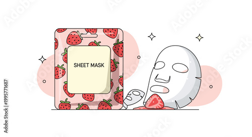 Beauty skin care concept featuring a strawberry sheet mask and its pink fruit patterned packaging for hydration and facial treatment.