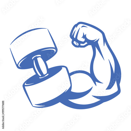 Strong arm flexing with blue dumbbell