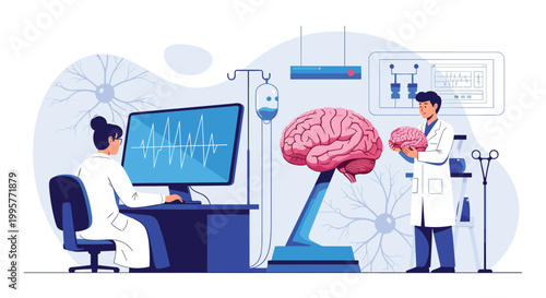 Scientific research in a medical laboratory with doctors using advanced equipment and monitors to study the anatomy of the human brain.