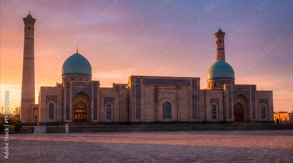 Fototapeta premium Mosque with turquoise domes and minarets at sunset