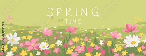 Spring landscape with flower meadow. Long panoramic vector background in watercolor style. Hand drawn author's drawing.