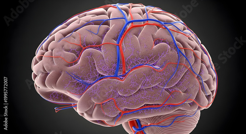 Human Brain Anatomy with Intricate Blood Vessels and Neural Network 3D Render