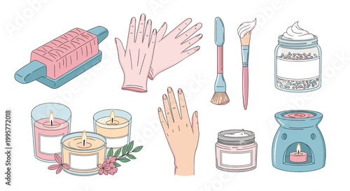 Set of hand-drawn spa and beauty treatment icons including manicure tools, scented candles, skin care products, and protective gloves.