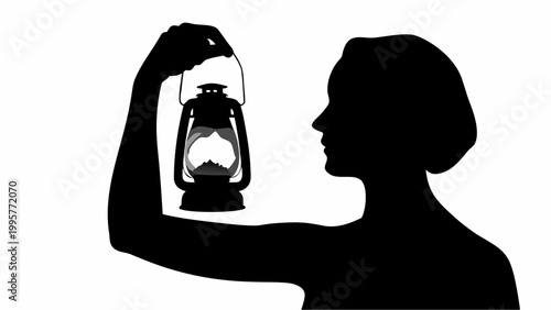 A person holding a lantern where the light reveals silhouette against plain background