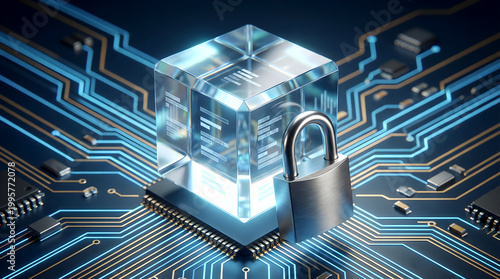 Data Security Concept with Padlock, Glowing Data Cube, and Circuit Board
