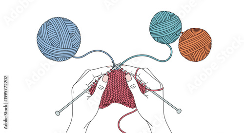 Top view illustration of hands knitting with needles and balls of blue and orange wool yarn on a white background.