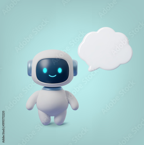 Cute 3D robot character with speech bubble delivering AI message. Friendly chatbot mascot with smile, perfect for tech apps, digital assistant services, and customer support interfaces.