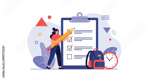 Woman standing next to a giant clipboard and checklist holding a large pencil representing tasks and organization.