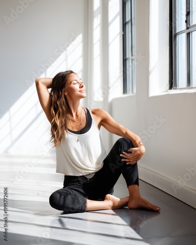 Young Woman Practicing Yoga in Sunlit Minimal Studio