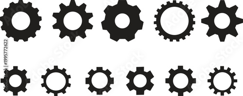 Gear cog wheel icon set collection group mechanical settings symbol vector illustration black solid outline engineering industry machine technology configuration icon pack