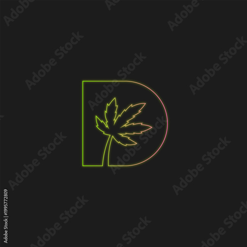Cool cannabis leaf combined with letter d neon glow miami retro vibes. Classic feels letter d weed leaf minimal lineart design illustration