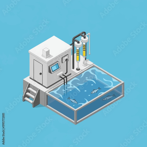 Isometric illustration of fish farm system.