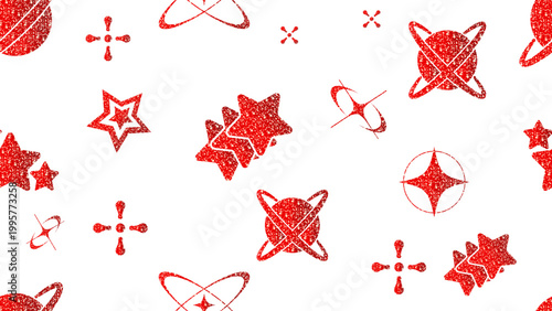 Red glitter Y2K seamless pattern isolated on transparent background. Vector sparkling celestial background with ruby stars and orbits for holiday packaging and modern decor. PNG format