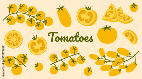 Flat vector collection of yellow tomatoes with various slices and pieces, cherry tomatoes on branch isolated on beige background. Fresh vegetable set for menu, cooking, healthy eating and food design.