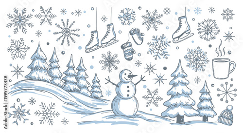 фотографія Snowman in winter scenery with snowflakes.