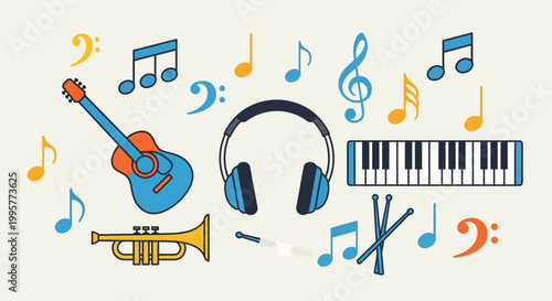 Music instruments and headphones illustration.