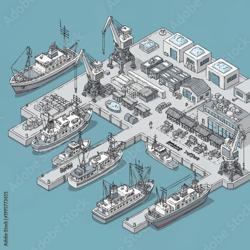 Isometric illustration of a bustling harbor with cargo ships and industrial facilities.