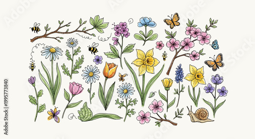 Colorful flowers and butterflies illustration.