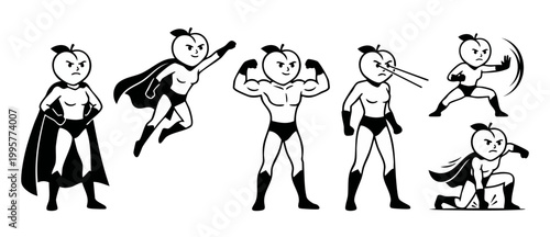 Peach Superhero Cartoon Character Set, Strong Fruit Hero Mascot Poses, Action Comic Style Icons for Healthy Food Design Projects, Vector Illustration of Powerful Personified Fruit Mascot with Cape and