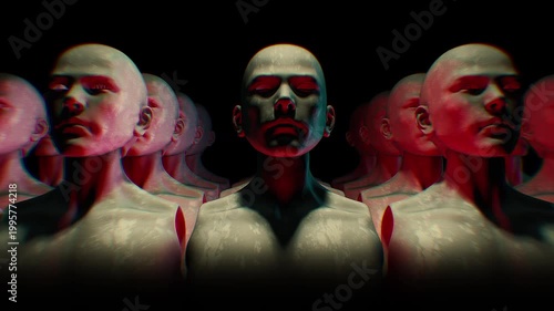 A dark looping background of endless rows of hollow mannequin style humanoid clones.