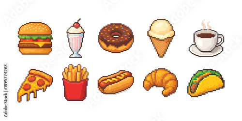 Fast food and snacks pixel art set illustration