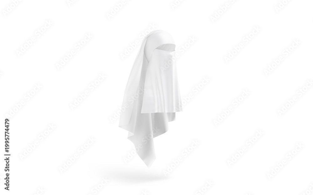 Fototapeta premium Blank white female niqab mockup png, transparent background, 3d rendering. Empty nationality woman head-covering mock up cut out. Clear shawl or veil headgear for muslim secret headdress template.